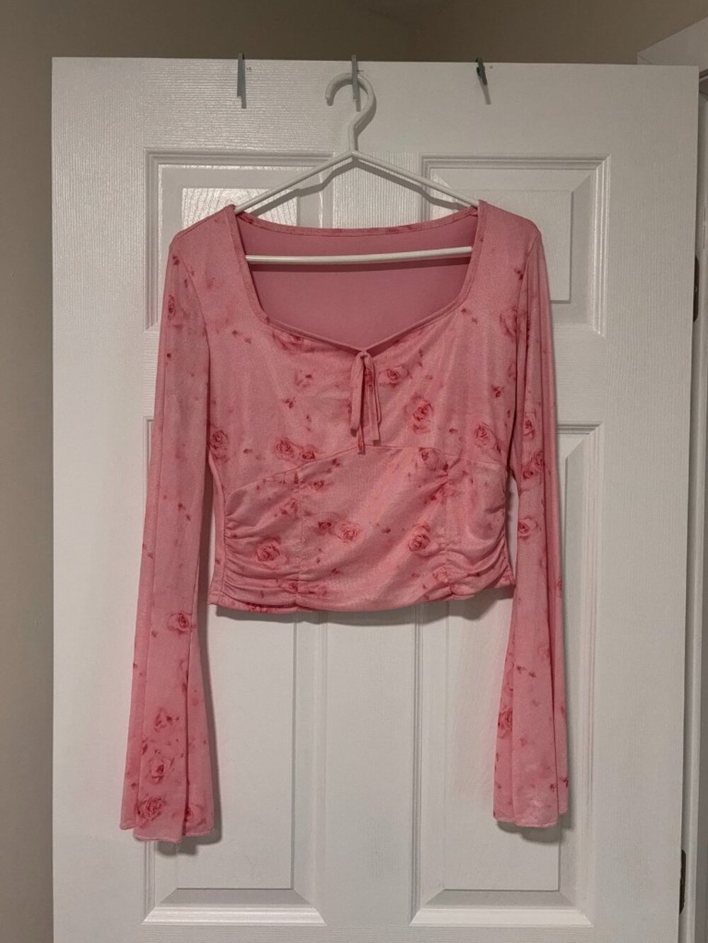 Pink Cropped Bell Sleeve Top | Fairycore Coquette Long Sleeve Crop Top (Large)